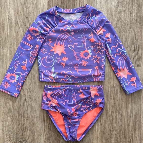 Cat and Jack Two Piece Swimsuit, Purple with Neon Dinos / Floral - 3T - Picture 2 of 9
